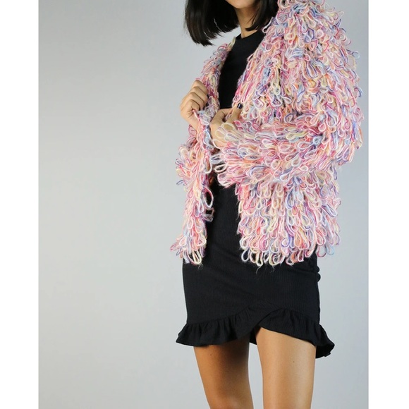 🏷️ SOLD Hayden Multi Color Fringe Yarn Loop Sweater Jacket - Picture 13 of 16